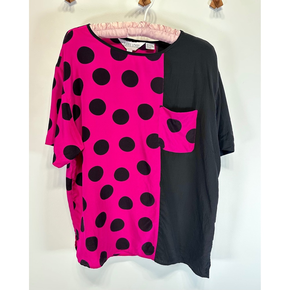 Vintage 80s 90s 100% Silk Polka Dot Colorblock Top Sunny Leigh Pink Black L